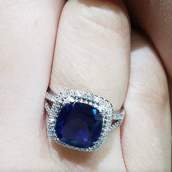 NEW 14k White Gold Blue Sapphire Diamond Ring Cushion Cut Ring - Picture 6 of 6